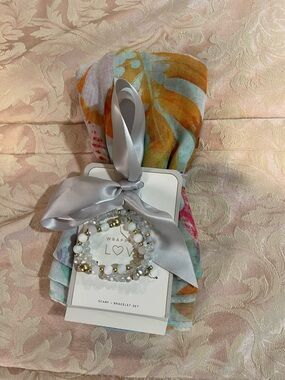 Coco + Carmen Floral Print Scarf 
Aqua, Orange & Pink w/ bracelet.
